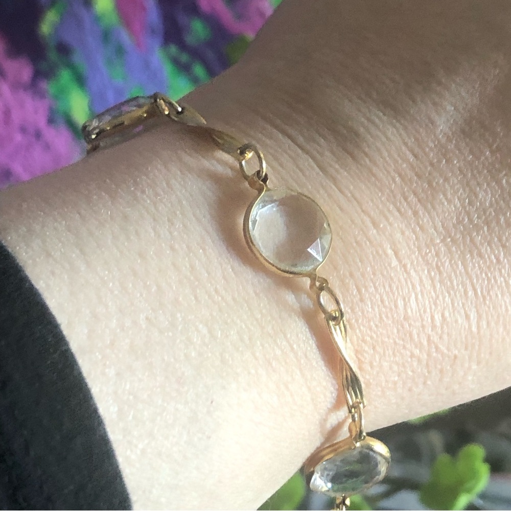 Vintage twisted gold bar framed faceted clear quartz bracelet